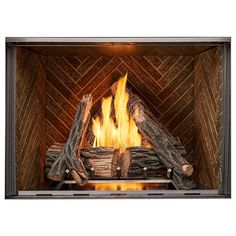 a fireplace with logs and flames in it