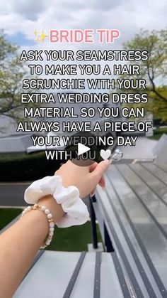 someone is holding their wedding ring on top of a bench with the words, bride tip ask your seamstress to make you a hair