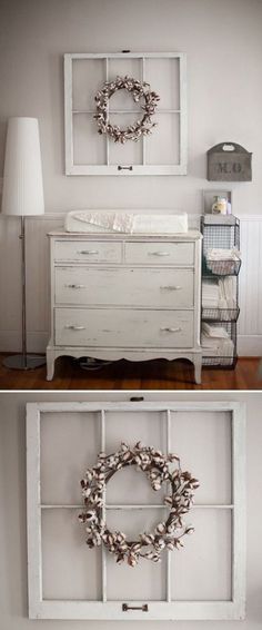 an old dresser is transformed into a baby crib with a wreath on the top