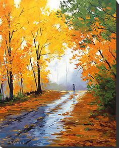 an oil painting of a person walking down a road in the fall with colorful trees