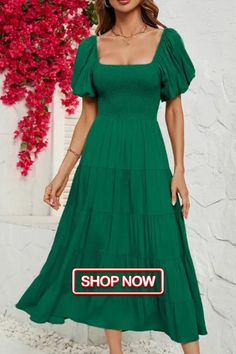 Women's Solid Color High Waist Puff Sleeve Maxi Dress Long Style, Maxi Dress With Sleeves, Puff Sleeve, Shop Now, Solid Color, High Waisted, Long Sleeve Dress, Maxi Dress, Long Sleeve