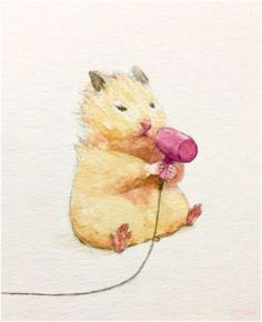 a watercolor painting of a hamster holding a flower