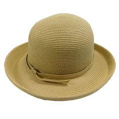 Up turned, kettle, brim hat with dome crown. Shapeable 3" wide brim. Soft cotton and polyester blend paper braid hat. Self-tie. UPF50+ sun protection hat. Packable, crushable travel hat. One size fits most. 65% paper straw, 15% polyester, 25% cotton. Lightweight Brimmed Hat, Lightweight Solid Color Brimmed Panama Hat, Lightweight Short Brim Sun Hat For Kentucky Derby, Kentucky Derby Lightweight Short Brim Sun Hat, Adjustable Curved Brim Cloche Hat With Upf 50+, Adjustable Cloche Hat With Upf 50+ And Curved Brim, Lightweight Straw Hat With Curved Brim, Adjustable Upf 50+ Hats For Kentucky Derby, Solid Color Curved Brim Sun Hat For Spring