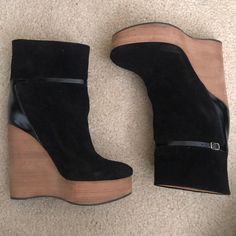 Never Worn Black Chloe Wedge Bootie With Wooden Stacked Wedge. Inclusive Of Original Box And Duster Bag. Chloe Wedges, Hello Lover, Wedge Bootie, Chloe Shoes, Womens Shoes Wedges, Wearing Black, Wedge Boot, Bootie, Chloe