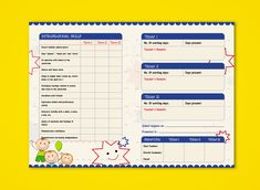 a blue and white checklist with two children on it, next to a yellow background