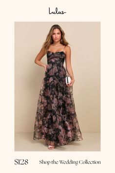 a woman in a black and pink dress with the words shop the wedding collection on it