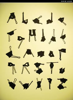 the silhouettes of various objects are shown in black on a light yellow background,