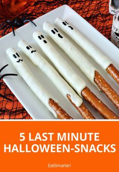 five halloween snack sticks with ghost faces on them and the words 5 last minute halloween snacks