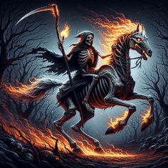 a skeleton riding on the back of a horse