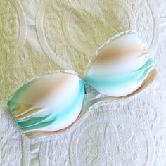 New Without Tags :: Super Cut Victoria Secrets Bandeau Style Swimsuit Top. Mint/Aqua Color Fades Into A Light Beige With Lace Edge. 3 For $20! Bundle & Save Bandeau Bra With Built-in Bra For Beach, Partially Lined Fitted Bra For Beach, Summer Fitted Bra For Sunbathing, Summer Blue Bra With Removable Pads, Blue Summer Bra With Removable Pads, Green Bra With Removable Pads For Beach, Blue Summer Bra For Poolside, Beach Season Bra With Removable Pads For Pool, Blue Bra For Poolside And Summer