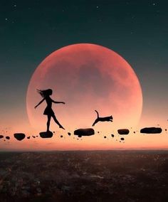 a girl is jumping in the air with two cats on her back and an orange moon behind her