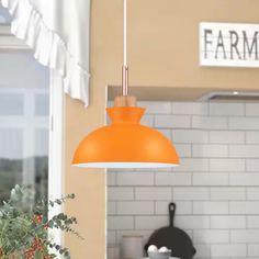 an orange light hanging over a kitchen counter next to a potted plant and window