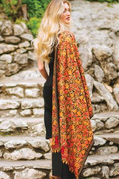 Embroidered Wool, Crewel Embroidery, Wool Shawl, Hijabi Fashion, Bohemian Clothes, Shades Of Orange, Vibrant Orange, Classic Beauty, Embroidered Top