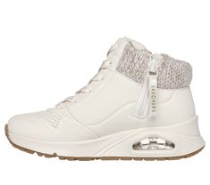 Sporty style meets cozy comfort in Skechers Street Uno Gen1 - Darling Daze. This hi-top fashion sneaker features a durabuck upper with sweater-knit collar trim, side-zipper with Adaptive Closure, and a Skechers Air-Cooled Memory Foam insole - all on a Skech-Air visible airbag platform wedge midsole. | Skechers Girl's Uno Gen1 - Darling Daze Boots | Medium Width | Skechers easy on, easy off Adaptive Closure for a customized fit | Skechers Air-Cooled Memory Foam cushioned comfort insole | Skech-Air visible airbag midsole | Durabuck upper with sweater-knit collar trim | Hi-top fashion sneaker with side zipper and lace-up front | Platform wedge midsole with flexible traction outsole | 1 3/4-inch heel height | Skechers White Synthetic High-top Sneakers For Winter, White High-top Winter Sneakers, Winter White High-top Synthetic Sneakers, Casual High-top Sneakers For Winter Sports, Comfortable Synthetic Winter Sneakers, Trendy Winter Sneakers In Synthetic Material, Trendy Winter Sneakers With Synthetic Material, Trendy Synthetic Winter Sneakers, Casual Walking Sneakers For Winter