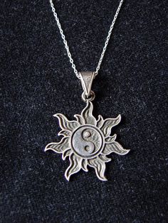 Pendant Yin Yang in rays of the Sun, Sterling Silver 925, Silver chain as a gift - Armenian Handmade Spiritual Silver Necklace With Sun Design, Symbolic Silver Necklace With Sun Design, Sterling Silver Sun Design Spiritual Necklace, Symbolic Sun Design Jewelry For Gifts, Silver Sun Design Jewelry As A Gift, Silver Sun Design Necklace For Gift, Silver Necklace With Sun Design As A Gift, Silver Necklace With Sun Design For Gift, Yin Yang Necklace