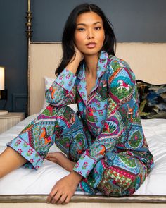 High Horse - Long PJ Set - Blush Denim Patterned Printed Long Sleeve Sleepwear, Printed Sets With Relaxed Fit For Lounging, Printed Relaxed Fit Sleep Sets, Printed Sets With Relaxed Fit For Sleep, Blue Printed Sleepwear For Lounging, Printed Relaxed Fit Sleepwear For Sleepover, Printed Relaxed Fit Sleepwear, Relaxed Fit Sleepwear With All Over Print For Loungewear, Relaxed Fit Print Sleepwear For Loungewear