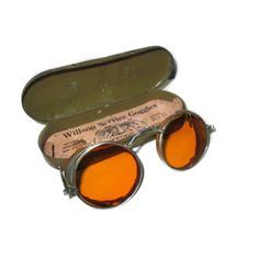 For Sale Is A Very Nice Pair Of "Antique Amber Universal Willson Sunglasses Service Goggles" *** Similar To The Pair Worn By Dominic Cooper In The Abraham Lincoln Vampire Hunter Movie. *** Details: - Brand / Country Of Manufacturer: Willson / Usa - Era / Year: 1920's (Pat. 1918) - Frame Material: Silver Tone Metal - Lens Color: Amber Orange Nonprescription Glass Lenses - Condition: Very Good Vintage Condition With Minimal Wear (Minor Tarnish And Scuffing From Age) * Original Willson Tin Case Included (Some Wear And Corrosion) Paypal Is Accepted. Best Offers Are Welcome. Free Shipping To The Usa! * Domestic Customers (U.S. Residents) Please Take Note: Your Shipping Addr Sunflower Sunglasses, Beautiful Tools, Retro Steampunk, Goggle Sunglasses, Steampunk Christmas, Safety Goggles, Tortoise Shell Sunglasses, Safety Glasses, Antiques For Sale