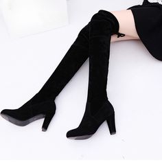 High Boots Female Winter Boots Women Over The Knee Boots Flat Stretch Sexy Fashion Shoes  Black Suede Over The Knee Boots, Thigh High Heels, Women Boot, Shearling Boots, Point Shoes, Amazon Products, Pointed Toe Shoes, Long Boots, Heels Shoes