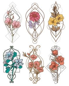 four different types of flowers are shown in this drawing style, each with an intricate design