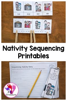 the printable nativity sequence is shown with pictures and pencils on top of it