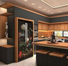 a large kitchen with an island and wooden cabinets