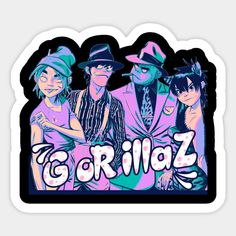 the gorillaz sticker is shown in purple and blue tones, with an image of three