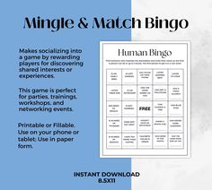 a poster with the words mingle and match bingo on it, next to an image of