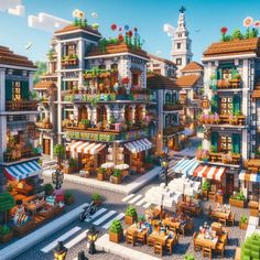 an image of a city with lots of buildings and plants on the rooftops that look like they have been built in minecraft