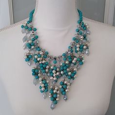 New Natasha Huge Statement Necklace Faux Turquoise Pearls Faceted Lucite Fun Necklace, Sure To Make A Statement. Adjustable With Lobster Clasp. The Color Is More Blue Than Green. There Are Missing Beads, One Cluster (Left Side), And A Teardrop (Right Side). Please See The Last Two Pictures For Details. - Measurements In Pics - Lead Free - Made In China Elegant Blue Turquoise Necklace With Silver Beads, Party Turquoise Jewelry With Silver Beads, Elegant Turquoise Necklace, Dramatic Necklace, Layered Beaded Necklaces, Floral Statement Necklace, Blue Statement Necklace, Long Tassel Necklace, Green Beaded Necklace