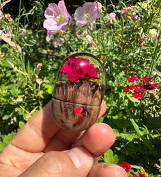 a hand holding up a glass ball with flowers in it