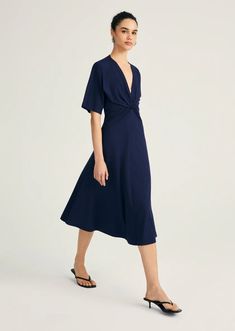 Lorraine Twist Front Midi Dress | Derek Lam 10 Crosby Chic Midi Length Dresses With Twist Front, Chic Twist Front Midi Dresses, Chic Rayon V-neck Wrap Dress, Chic Rayon Wrap Dress With V-neck, Chic V-neck Rayon Wrap Dress, Chic V-neck Wrap Dress With Draped Sleeves, Elegant V-neck Dress With Twist Front, Viscose V-neck Ruched Midi Dress, Ruched V-neck Midi Dress In Viscose