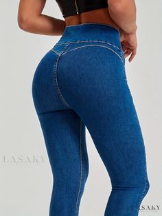 Lasaky - Womens Mid Waist Flare Leg Jeans - Single-breasted, Medium Stretch Button Fly Denim Pants - Stylish Denim Jeans & Apparel High-waist High-stretch Denim Blue Bottoms, High Stretch High Waist Denim Blue Bottoms, High Waist High Stretch Denim Blue Jeans, High Waist High Stretch Denim Pants, High-waist High-stretch Denim Pants, High Stretch High Waist Denim Pants, Stretch Denim Bottoms With Buttons, High Stretch High Waist Dark Wash Jeans, Stretch Denim Bottoms With Button Closure