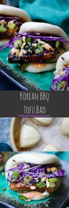 two pictures of different types of food on a tray with the words korean bbq tofu bao