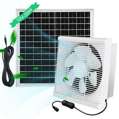 an image of a solar powered fan next to a wall mounted air conditioner that is plugged in