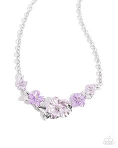 Dotted with silver-studded centers, metallic light purple and lavender flowers bloom and alternate along the neckline. Each flower, varying in size, blossoms across a textured collection of silver leaves below the collar, invoking a festive spirit. Features an adjustable clasp closure.    Sold as one individual necklace. Includes one pair of matching earrings.  Balanced Bouquet Purple Earrings - Jewelry by Bretta Item #P5CO-PRXX-027ZR   Dotted with silver-studded centers, metallic light purple and lavender flowers bloom and alternate, gradually decreasing in size as they cascade below the ear. The largest flower blossoms across a textured collection of silver leaves, invoking a festive spirit. Earring attaches to a standard clip-on fitting.   Sold as one pair of clip-on earrings.     Get T Purple Flower Necklace, Coil Bracelet, Silver Leaves, Purple Necklace, Flowers Bloom, Paparazzi Accessories, Floral Necklace, Black Earrings, Paparazzi Jewelry