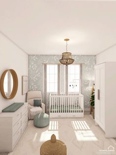 a baby's room with a crib and dressers