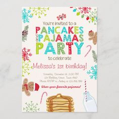 a birthday party card featuring pancakes and other holiday treats on it's front with the words, you're invited to a pancakes pajamas party to celebrate