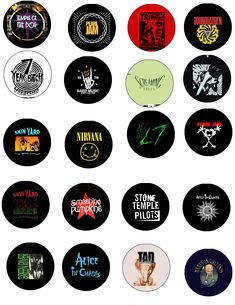 many different logos on black and white circles with the names of various bands in them