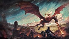 a red dragon flying over a group of people in front of a stadium filled with flames