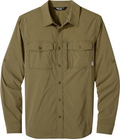 A performance shirt that's made from a durable  technical nylon fabric blend  the men's Outdoor Research Way Station long-sleeve shirt feels cool to the touch when you're traveling in warm climates. Khaki Long Sleeve Shirt For Outdoor, Long Sleeve Shirt With Pockets For Outdoor Work, Functional Long Sleeve Top With Pockets, Long Sleeve Tops With Pockets For Outdoor Work, Casual Long Sleeve Moisture-wicking Shirt, Functional Long Sleeve Nylon Top, Casual Long Sleeve Shirt For Outdoor Work, Functional Moisture-wicking Shirt For Outdoor, Functional Moisture-wicking Outdoor Shirt