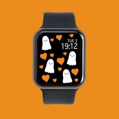 an apple watch with ghost faces and hearts on the screen, against an orange background