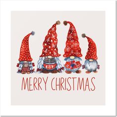 three gnomes with red hats on their heads and the words merry christmas written below them