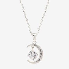 Bead Type: Cubic ZirconiaFeatures: In A Gift Box, Celestial JewelryJewelry Closure: Lobster ClaspLink Construction: SemisolidShape: MoonStone Cut: RoundMetal Color: Silver ToneChain Length: 16 InchChain Width: 2 MillimetersExtender Length: 3 InchPendant Length: 19mmPendant Width: 12mmMetal: Pure Silver Over BrassChain Construction: CableCare: Wipe CleanStone Type: 100 Cubic ZirconiaNecklace Type: Pendant NecklacesCountry of Origin: Imported Elegant Cubic Zirconia Necklace With Moon Charm, Celestial Pendant Jewelry With Cubic Zirconia, Elegant Necklace With Moon Charm In Cubic Zirconia, Sterling Silver Celestial Pendant Crystal Necklace, Mystical Sterling Silver Pendant Necklace, Brass Pendant Necklace, Celestial Jewelry, Brass Pendant, Pure Silver