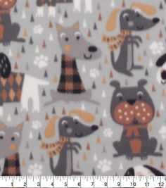 an animal print fabric with dogs and bears on it, in grey colors is shown