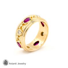 This is a Vintage and exquisite-looking, but very elegant, Natural Ruby, eternity band. It has four oval Red Rubies and 4 bezel set round diamonds, on 14 karats yellow gold. The ring has an exquisite filigree design in between the Stones. [MATERIALS] Stone: Ruby (4) Carat: 2.53 Clarity: Eye clean Color: Pinkish red Cut: Oval Setting: Prong Stones: Diamonds (4) Carat: 0.68 Clarity: SI1 Color: G Cut: Round Setting: Bezel Metal: 10.50 grams of 14kt yellow gold Measurement of the ring: 10.50 mm [ORD Gold Ring With Ruby, Ruby Eternity Band, Baguette Diamond Earrings, Ring With Ruby, Boulder Opal Necklace, Yellow Gold Diamond Earrings, Journey Pendant, Boulder Opal Ring, July Birthstone Ring