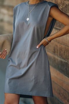 Gray Padded Shoulder Sleeveless Cotton Pocketed Mini Dress Gray Shift Dresses For Summer, Casual Sleeveless Shift Mini Dress, Gray Sleeveless Dress For Vacation, Gray Sleeveless Vacation Dress, Sleeveless Gray Vacation Dress, Chic Gray Summer Dress, Gray Mini Beach Dress For Summer, Gray Mini Dress For Summer Beach, Gray Summer Dress For Day Out