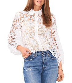 Women's Casual & Dressy Blouses | Dillard's White Lace Blouse Outfit, Lace Blouse Outfit, Organza Outfit, Lace Blouse Styles, White Lace Blouse, Balloon Sleeve Top, Ultra White, Dressy Blouse, Lace Button