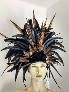 We make and ship our items really fast if you need it for a specific date please let us know. or call/text us at 954-3051817 to complete your order over the phone Prime Black Cocktail and natural pheasant Feathers Carnival Headdress Showgirl Hat costume made in the USA Handmade to order with 4 different types of feathers tribal Colors Stays securely in place with an elastic band Very light comfortable and easy to wear Ideal for dancing, If you want to add or change a color please let us know. A Carnival Headdress, Types Of Feathers, Voodoo Priestess, Black Tiara, Summer Carnival, Pheasant Feather, Mardi Gras Parade, Black Fascinator, Indian Headdress