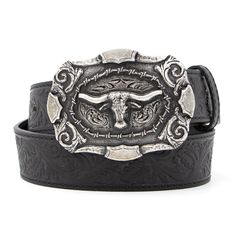 Product Details: Tooled western belt Three-dimensional longhorn surrounded by barbed wire Black Belt width: 1 1/2" 100% full-grain leather Buckle finish: Antique silver Luxury Black Belt Buckles, Concealed Carry Belt, Country Belts, Homesteading Animals, Buckle Bunny, Cowboy Outfit, Country Fits, Cowboy Belt Buckles, Cowboy Stuff