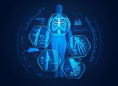 the human body is surrounded by medical icons and symbols on a dark blue background with yellow border